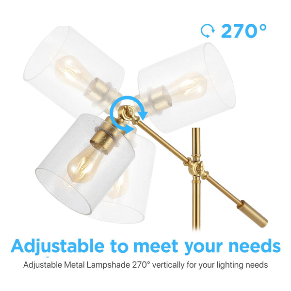 Adjustable Brass Gold Desk Lamp with USB Charging Port and Seeded Glass Shade