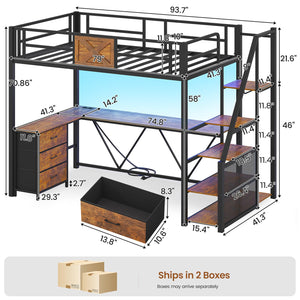 Twin Loft Bed with L-Shaped Desk, Wardrobe & Storage Stairs