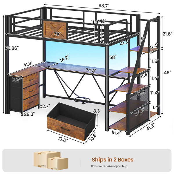 Twin Loft Bed with L-Shaped Desk, Wardrobe & Storage Stairs