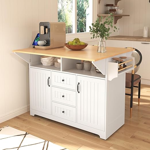 Rolling Kitchen Island with Drop Leaf Countertop & Power Outlets