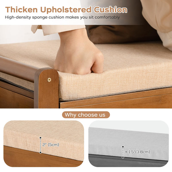 3-Tier Bamboo Shoe Bench with Cushion & Side Storage