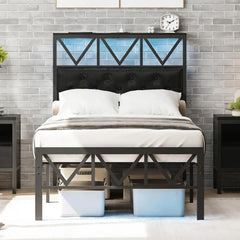 Twin Size Platform Bed Frame with LED Lighting & Charging Station