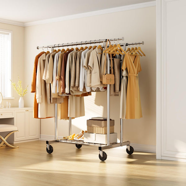 Heavy Duty Rolling Clothes Rack with Shelves, 700 lb Capacity, Dual Rod