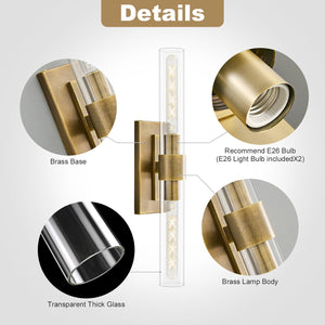 2-Light Brass Wall Sconce with Clear Glass Shade