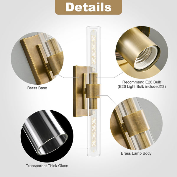 2-Light Brass Wall Sconce with Clear Glass Shade