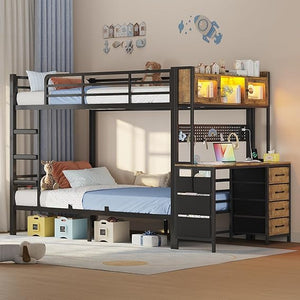 Twin Over Twin Bunk Bed with Desk & LED Light