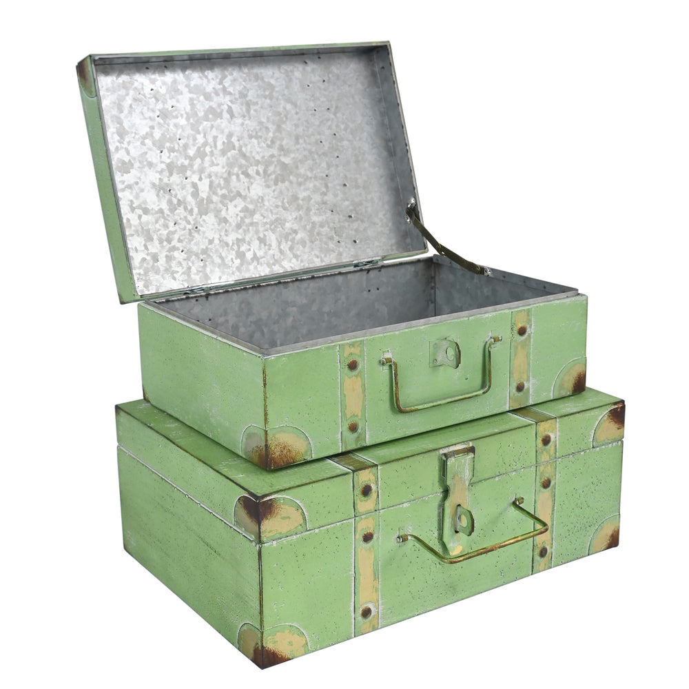 Vintage Metal Storage Trunks Set of 2 with Lids – Antique Decorative Keepsake Boxes