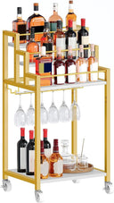 YATINEY Bar Cart, 3 Tier Home Bar Serving Cart with Wine Rack, Small Bar Cart with Wheels, Modern Rolling Beverage Cart, for Home Kitchen Small Spaces, Rustic Brown BC08BR