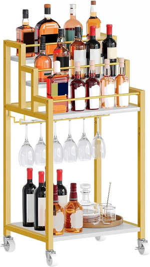 YATINEY Bar Cart, 3 Tier Home Bar Serving Cart with Wine Rack, Small Bar Cart with Wheels, Modern Rolling Beverage Cart, for Home Kitchen Small Spaces, Rustic Brown BC08BR