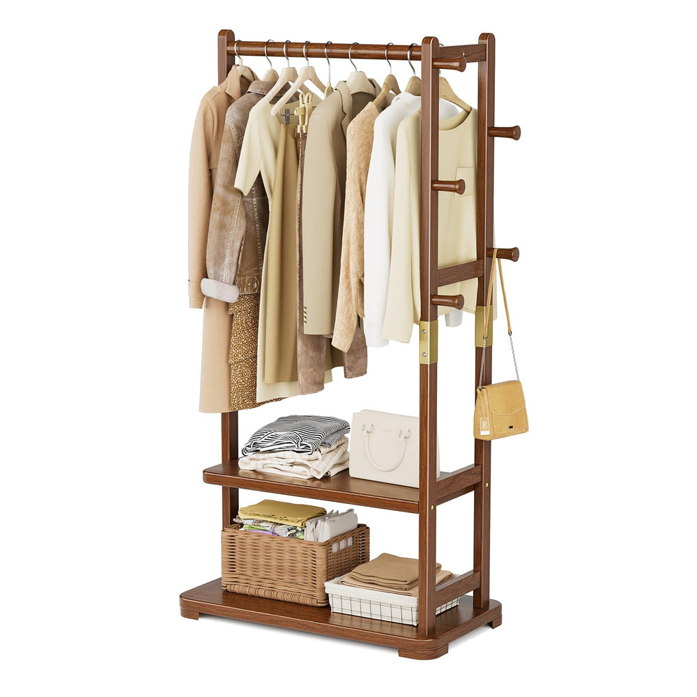 Solid Wood Coat Rack with 2 Shelves & 4 Hooks