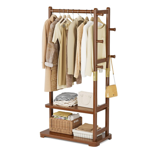 Solid Wood Coat Rack with 2 Shelves & 4 Hooks