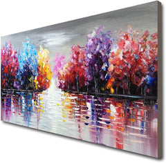 Hand Painted Lake Landscape Canvas Wall Art – Colorful Tree Thick Texture Oil Painting