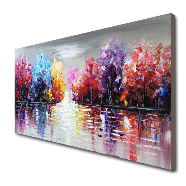 Hand Painted Lake Landscape Canvas Wall Art – Colorful Tree Thick Texture Oil Painting