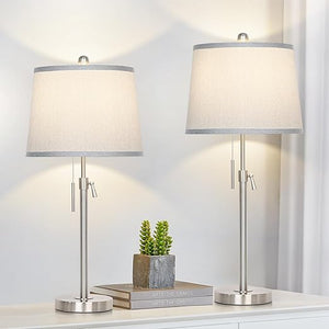Adjustable Height Table Lamps Set of 2 – Modern Drum Shade with Pull Chain
