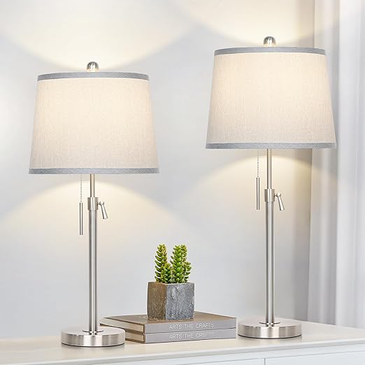 Adjustable Height Table Lamps Set of 2 – Modern Drum Shade with Pull Chain