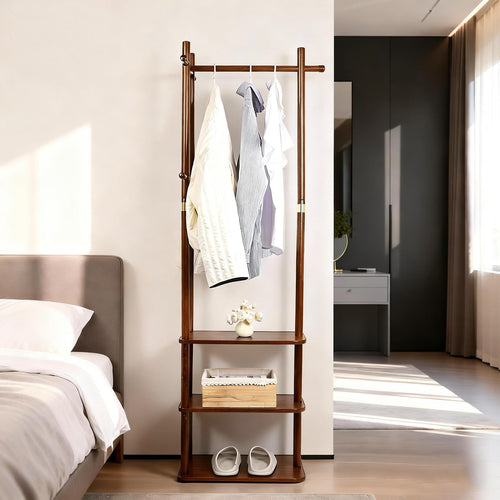 Wood Coat Rack with 3 Shelves and 5 Hooks