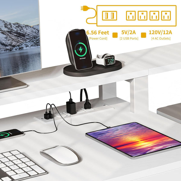 L-Shaped Computer Desk with Drawers, Power Outlets & LED Lights