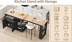Extendable Rolling Kitchen Island with Dining Table
