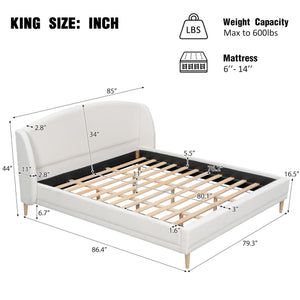 Upholstered Platform Bed with Boucle Wingback Headboard
