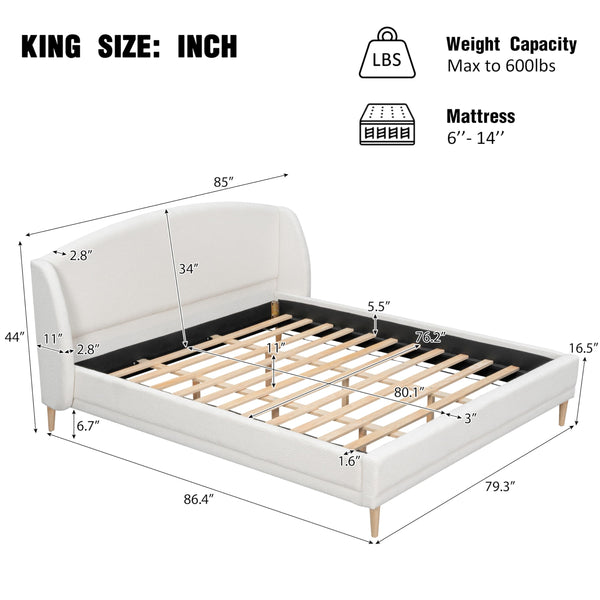 Upholstered Platform Bed with Boucle Wingback Headboard