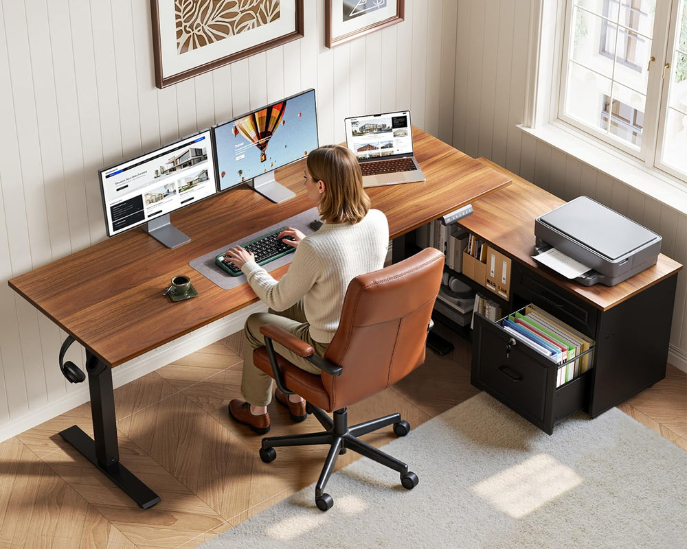 L-Shaped Electric Standing Desk with File Cabinet – 55 Inch