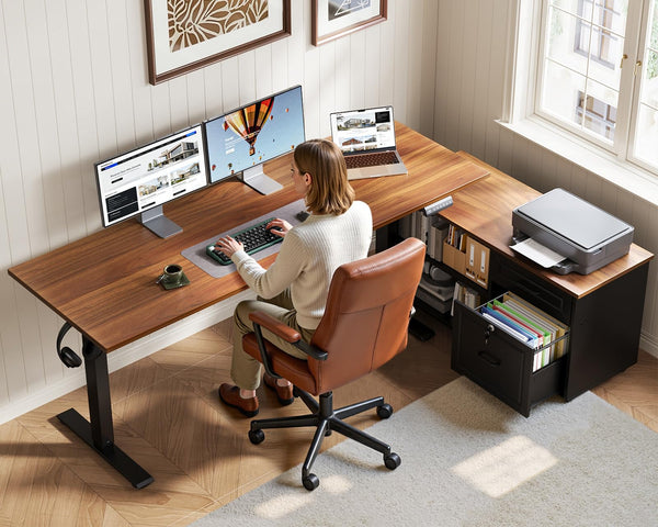 L-Shaped Electric Standing Desk with File Cabinet – 55 Inch