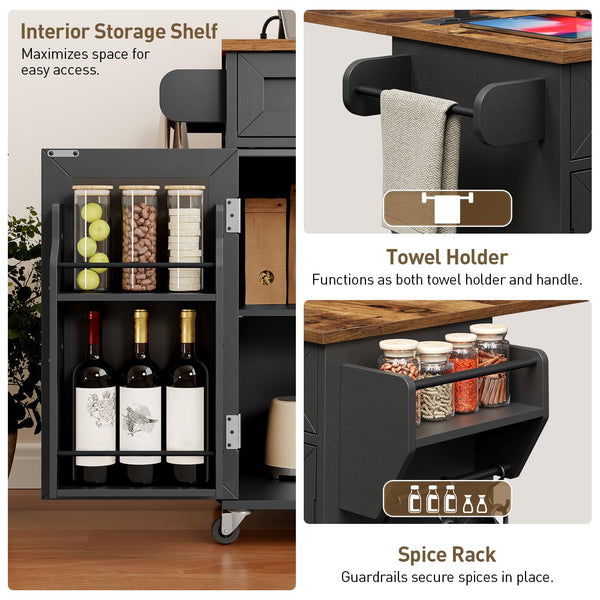 Kitchen Island with Power Outlets & Drop Leaf