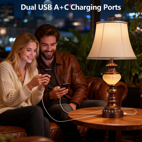 Farmhouse Tall Table Lamps Set of 2 with Nightlight & USB Ports
