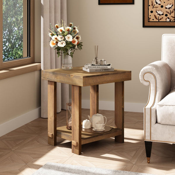 Solid Wood End Table Set of 2 with 2-Tier Storage Shelf
