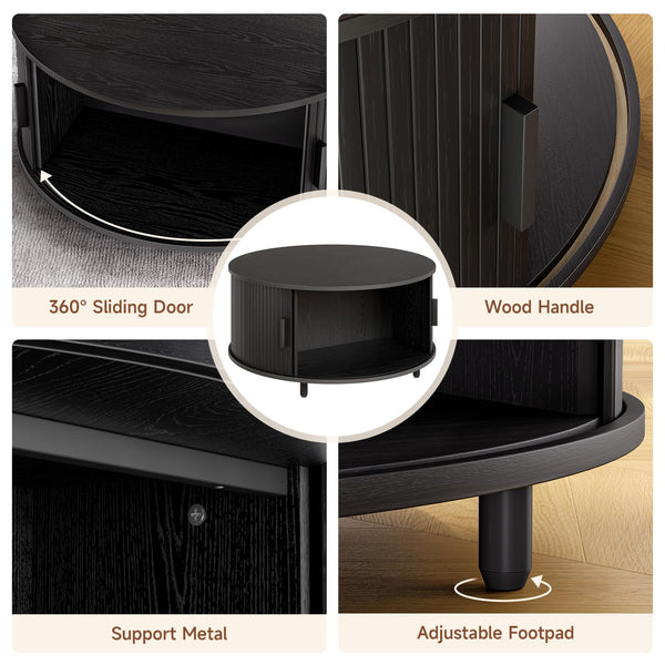Round Coffee Table with Storage & 360° Sliding Door