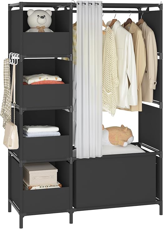 Portable Wardrobe Closet with Hanging Rod & Curtain