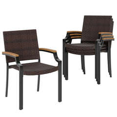 Stackable Patio Wicker Dining Chairs Set of 4 with Acacia Wood Armrests