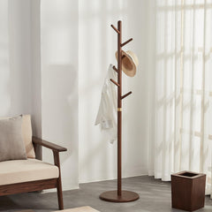Ash Wood Freestanding Coat Rack with 6 Hooks – Walnut Brown