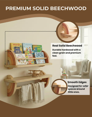 Solid Beechwood Kids Floating Wall Shelves Set of 2 with Hanging Bar