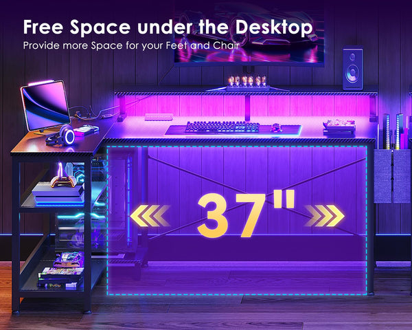 L-Shaped Gaming Desk with LED Lights, USB Charging Ports & Power Outlets