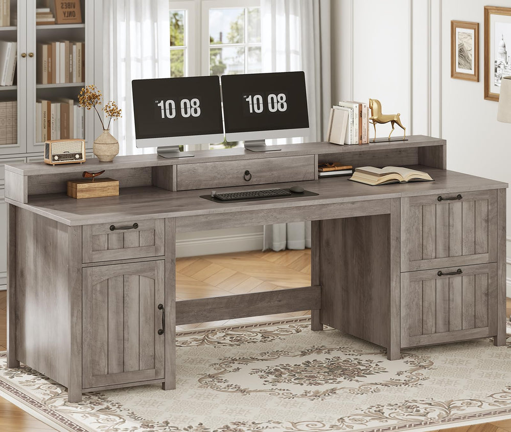 63" Farmhouse Executive Desk with Drawers, Storage Cabinet & Monitor Stand