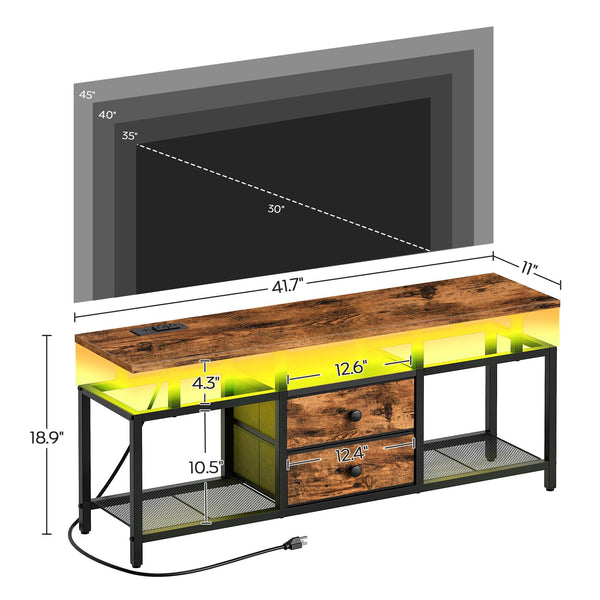 YATINEY TV Stand with LED Light and Power Outlets, Entertainment Center with Fabric Drawers and Open Shelves, 41.7" TV Cabinet for TVs up to 45 Inch, Media Console for Living Room, Brown DS03UDBR