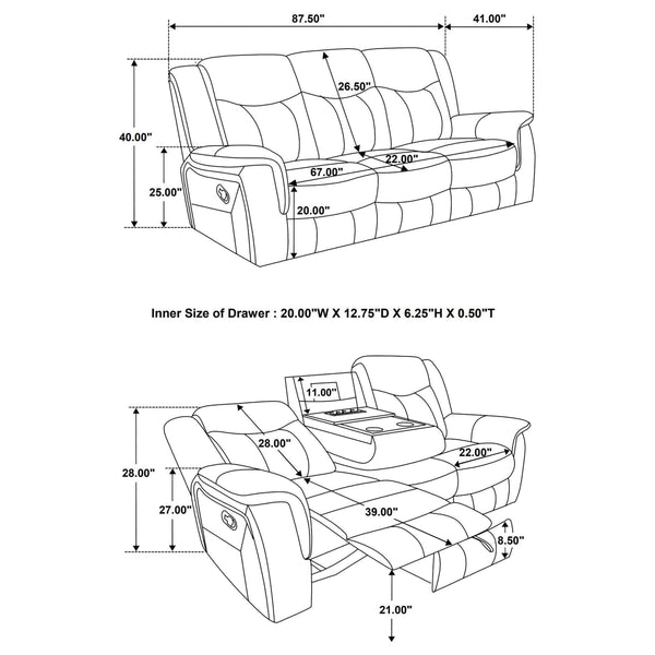 Grey Reclining Sofa with Power Outlet, Padded Headrests & Hidden Storage