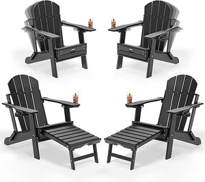 Folding Adirondack Chairs with Retractable Footrest & Cup Holders – HDPE, 400 LBS Capacity