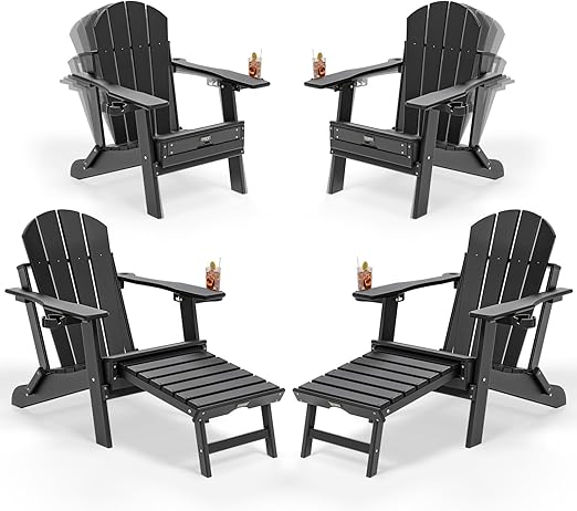 Folding Adirondack Chairs with Retractable Footrest & Cup Holders – HDPE, 400 LBS Capacity
