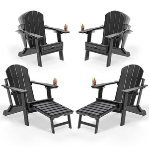 Folding Adirondack Chairs with Retractable Footrest & Cup Holders – HDPE, 400 LBS Capacity