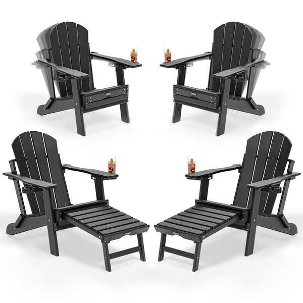 Folding Adirondack Chairs with Retractable Footrest & Cup Holders – HDPE, 400 LBS Capacity