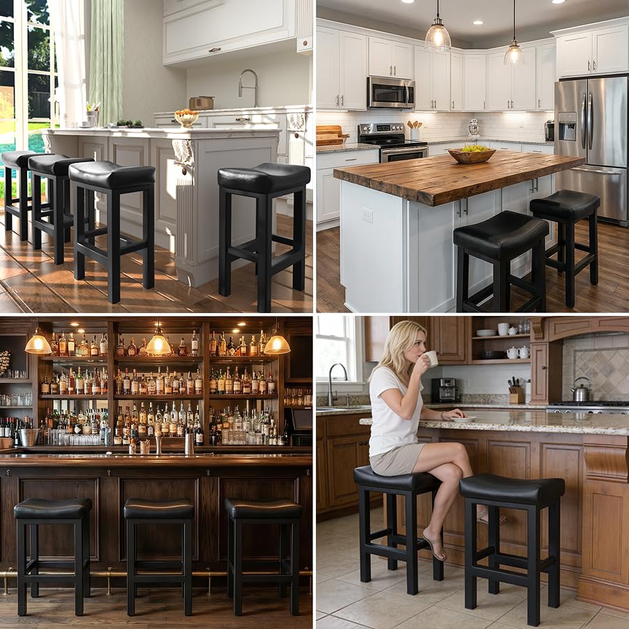 Backless Bar Stools Set of 2 – Faux Leather Saddle Seat, Heavy-Duty Metal Frame