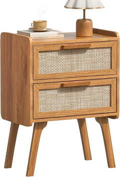 Boho Rattan Nightstand with 2 Drawers & Solid Wood Legs