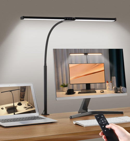 Dual-Head LED Desk Lamp with Clamp – Dimmable, 5 Color Temps, Remote