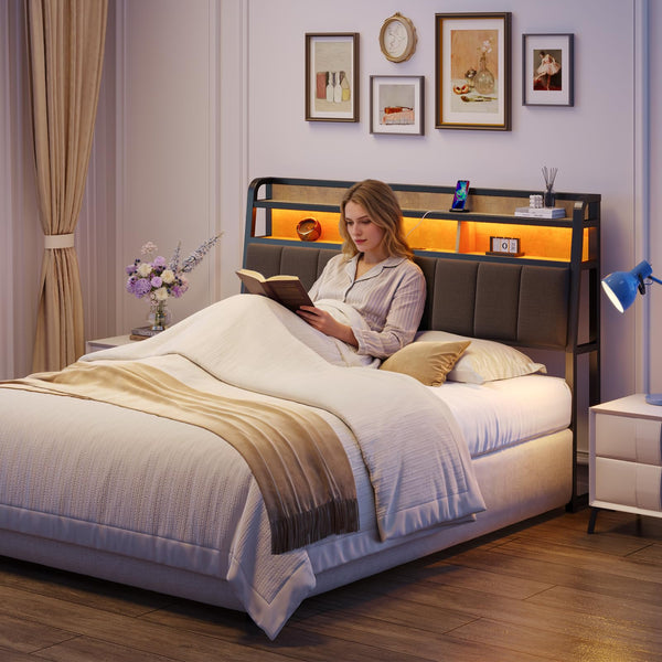 Upholstered Headboard with LED Light, Storage & Charging Station