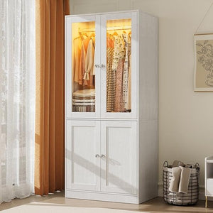 Wardrobe Closet with Glass Doors, LED Lighting & Drawers