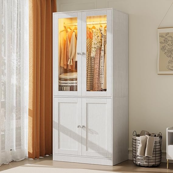 Wardrobe Closet with Glass Doors, LED Lighting & Drawers