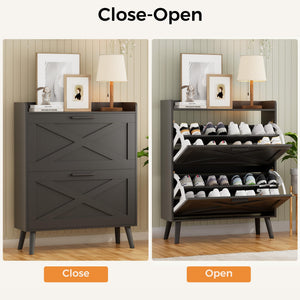 Farmhouse Shoe Storage Cabinet with 2 Flip Drawers – Slim Entryway Shoe Rack
