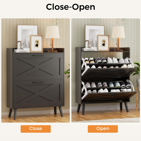 Farmhouse Shoe Storage Cabinet with 2 Flip Drawers – Slim Entryway Shoe Rack